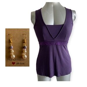 Y2K Yessica Dark Purple Sleeves Stretch Tank Top size M & Handmade Earrings gift